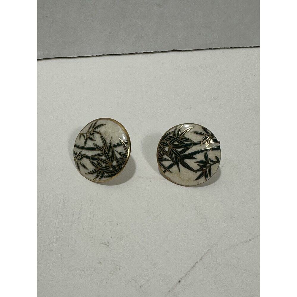 Vintage Japanese Satsuma Bamboo Ceramic Earrings Screw Back Golden Trim Gorgeous